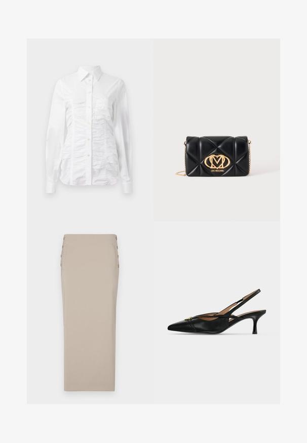 Camisa blanca de botones con mangas largas, que presenta una textura fruncida en la parte delantera, pequeños botones dorados y un cuello estándar.; Falda lápiz beige hecha de una tela suave, con botones laterales, una silueta estilizada y sin bolsillos ni patrones visibles.; Zapato slingback de cuero negro con punta puntiaguda, tacón bajo tipo kitten y detalle de hebilla dorada en el frente.; Bolso de mano negro acolchado de cuero con correa de cadena dorada y logotipo dorado de Love Moschino en el centro delantero.