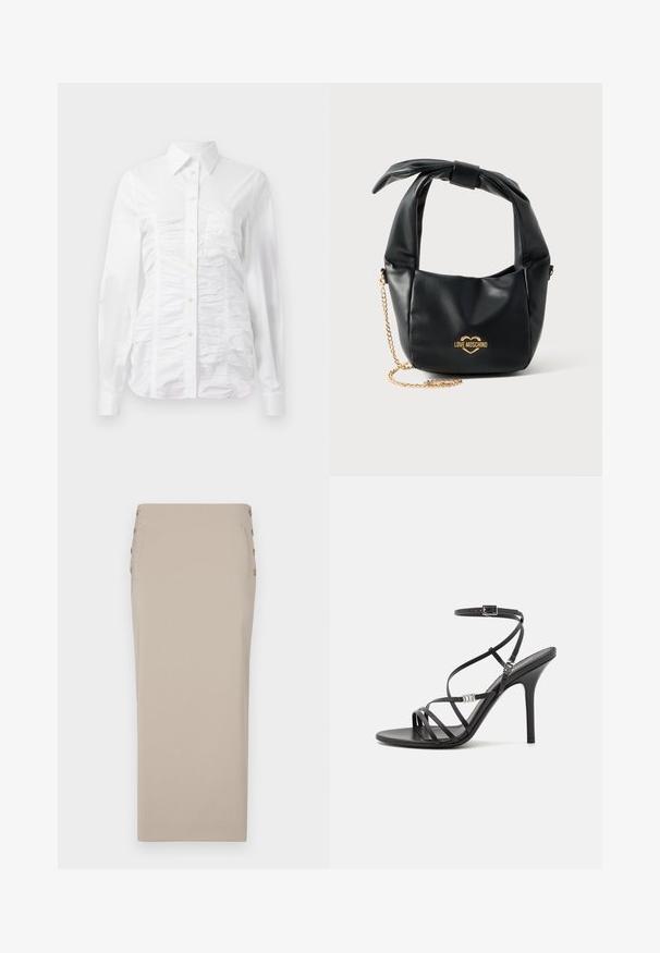 Camisa blanca de botones con mangas largas, que presenta una textura fruncida en la parte delantera, pequeños botones dorados y un cuello estándar.; Falda lápiz beige hecha de una tela suave, con botones laterales, una silueta estilizada y sin bolsillos ni patrones visibles.; Sándalo negro de tacón alto con tiras finas, hebilla en el tobillo, superficie de cuero suave y tacón de aguja esbelto.; Bolso Love Moschino de piel negra suave con asa anudada y correa de cadena dorada sobre fondo blanco.