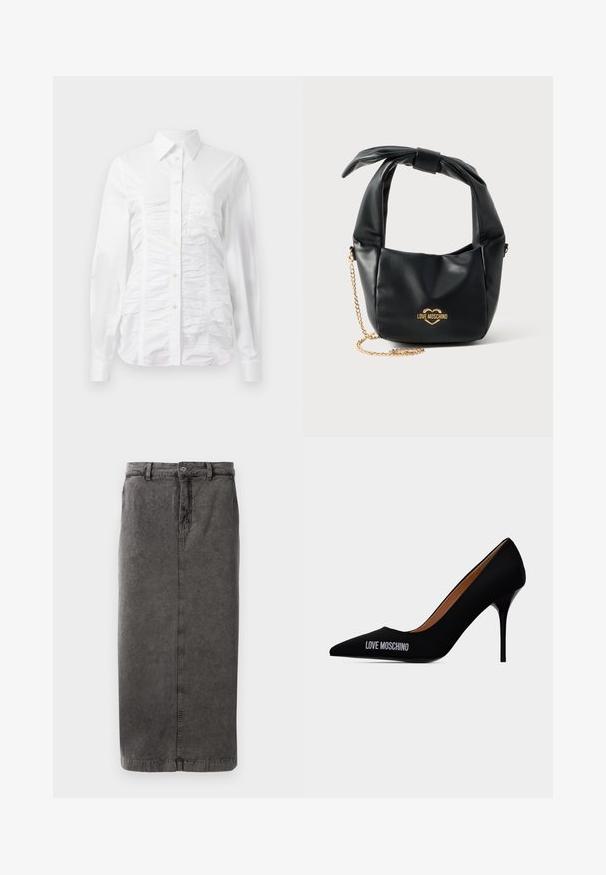 Witte button-up blouse met lange mouwen, voorzien van een gerimpelde textuur aan de voorkant, kleine gouden knopen en een standaard kraag.; Grijze, katoenen rok van een katoenmix met een rechte snit, knoop- en ritsluiting, riemlussen en een enkele achterzak.; Zwarte spitse naaldhak met de tekst "LOVE MOSCHINO" aan de buitenzijde en een soepel instapontwerp.; Zwarte zachte leren Love Moschino handtas met geknoopt handvat en gouden kettingriem op een witte achtergrond.