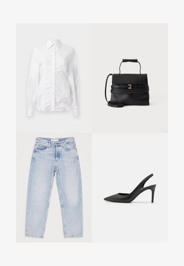 Hvid skjorte med lange ærmer, der har en rynket tekstur på fronten, små gyldne knapper og en klassisk krave.; Lyseblå denimjeans med en afslappet pasform, fem lommer og lige ben. Begyndende slid, øverste knap og lynlåslukning.; Sorte læder slingback høje hæle med spids tå-design, der har en udskæring fortil og en tynd stiletto-hæl.; Sort læderhåndtaske med tophåndtag, klaplukning, dekorativt bælte med gyldent spænde og aftagelig skulderrem på hvid baggrund.