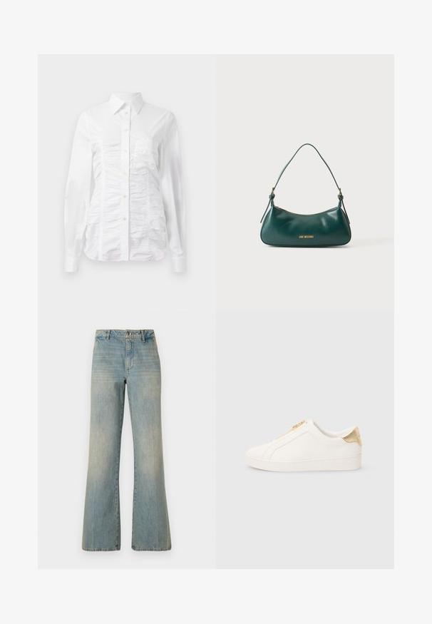 Hvid skjorte med lange ærmer, der har en rynket tekstur på fronten, små gyldne knapper og en klassisk krave.; Lysblå denim brede ben jeans med høj talje, knaplukning og falmet tekstur. Har klassisk fem-lomme design og lige ben.; Hvide slip-on sneakers lavet af glat læder med en guldfarvet lynlås og detalje nær hælen med en struktureret finish samt logo præget på siden.; Mørkegrøn læder skuldertaske med en enkelt strop, guld lynlås og "Love Moschino" logo i guld foran i midten.