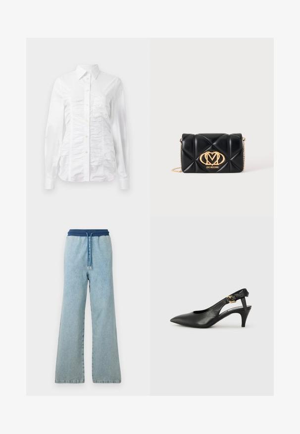 Chemise blanche à manches longues avec un texture froncée sur le devant, petits boutons dorés et col standard.; Pantalons en denim bleu clair à jambes larges avec une ceinture élastique bleu foncé et un cordon de serrage assorti avec des embouts en métal.; Chaussure à talon slingback en cuir noir avec un bout pointu, un petit talon et un détail de boucle sur la bride de cheville. Texture lisse, design minimaliste.; Sac à main en cuir matelassé noir avec bandoulière chaîne dorée et logo Love Moschino doré au centre devant.