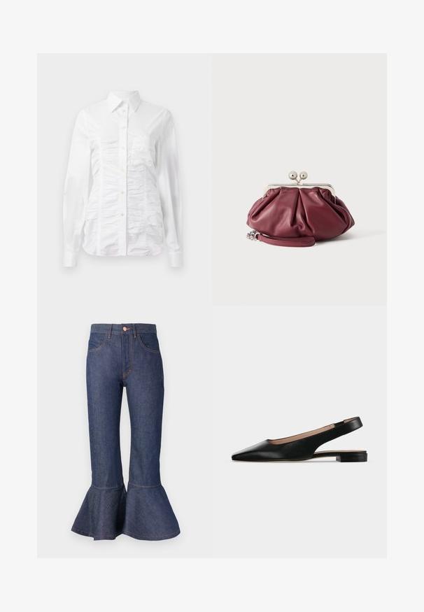 Witte button-up blouse met lange mouwen, voorzien van een gerimpelde textuur aan de voorkant, kleine gouden knopen en een standaard kraag.; Donkerblauwe denim flared jeans met een gerimpelde zoom, vijf zakken en contrasterende oranje stiksels. Middenhoogte tailleband met een sluiting met een voorknop.; Zwarte leren slingback platte schoen met spitse neus en lage vierkante hak op een witte achtergrond.; Kleine bordeauxrode leren clutch met zilveren metalen gesp en polsriem op een witte achtergrond.