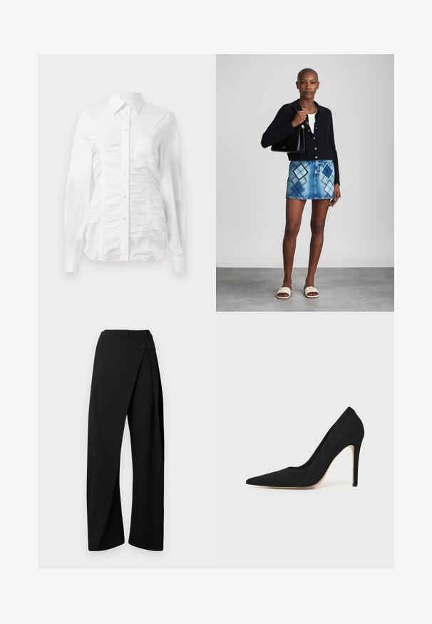 Camisa blanca de botones con mangas largas, que presenta una textura fruncida en la parte delantera, pequeños botones dorados y un cuello estándar.; Pantalones negros de pierna ancha con un panel envolvente en el frente y un cierre de botón en la cintura, mostrados sobre un fondo blanco.; Zapato stiletto negro de tacón alto con punta afilada y textura lisa, mostrado de lado sobre un fondo claro y uniforme.; Cárdigan negro de punto, blusa blanca, falda de mezclilla con patrón de diamantes en azul y negro, bolso negro y sandalias deslizantes beige.
