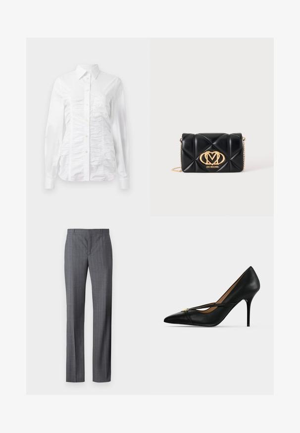 Chemise blanche à manches longues avec un texture froncée sur le devant, petits boutons dorés et col standard.; Pantalons gris à rayures fines en tissu lisse, avec une coupe droite, un devant plat et sans poches ni embellissements visibles.; Chaussure à talon haut en cuir noir avec bout pointu et fine bride sur le dessus, maintenue par une petite boucle dorée sur un fond uni.; Sac à main en cuir matelassé noir avec bandoulière chaîne dorée et logo Love Moschino doré au centre devant.