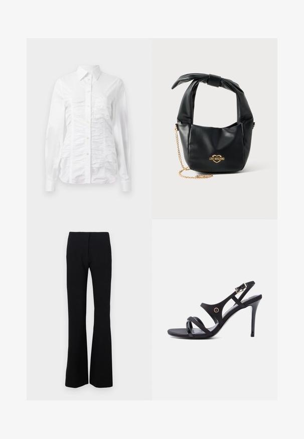 Chemise blanche à manches longues avec un texture froncée sur le devant, petits boutons dorés et col standard.; Pantalons noirs évasés en tissu extensible avec une texture lisse et une taille ajustée. Aucune fermeture visible ni motifs.; Sandale noire à talon haut avec fines lanières, une boucle à la cheville et un talon aiguille élégant sur fond blanc.; Sac à main Love Moschino en cuir noir souple avec poignée nouée et bandoulière chaîne dorée sur fond blanc.