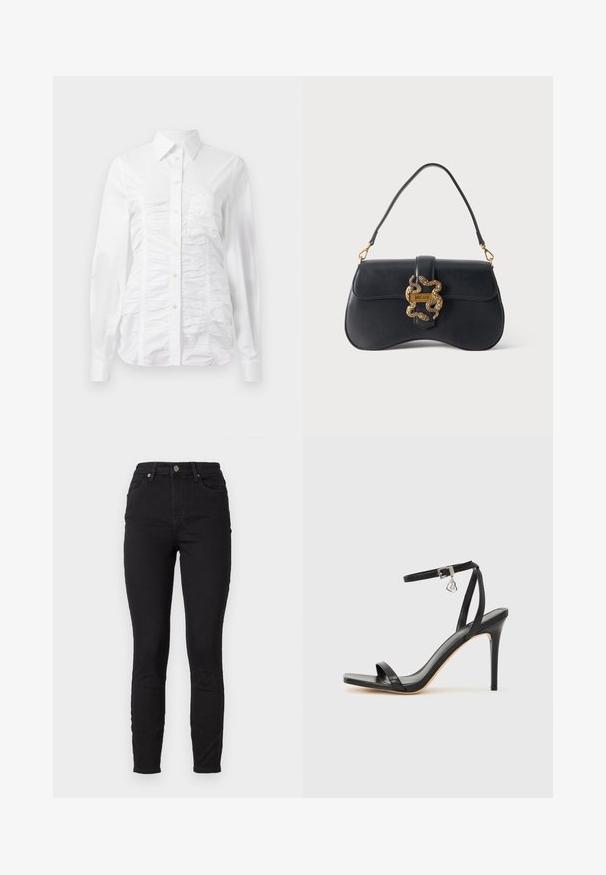 Hvid skjorte med lange ærmer, der har en rynket tekstur på fronten, små gyldne knapper og en klassisk krave.; Sorte skinny jeans lavet af denim med høj talje, der har forlommer, knaplukning og subtil stikning på sømmene.; Sort hæl-sandal med smal ankrem, firkantet tå-boks, glat lædermateriale og metalspænde som pynt.; Sort læderhåndtaske med buet form, enkelt håndtag og guldfarvet slangeformet lukning med mærket "Just Cavalli" på ensfarvet baggrund.