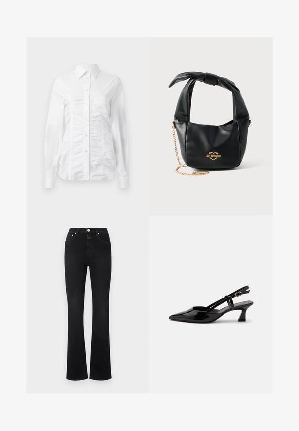 Witte button-up blouse met lange mouwen, voorzien van een gerimpelde textuur aan de voorkant, kleine gouden knopen en een standaard kraag.; Zwarte flared jeans van denim, met een hoge taille, vijf zakken, goudkleurige hardware en een gladde textuur.; Zwarte lakleren slingback kitten heel schoen met spitse neus en verstelbare gouden gespsluiting op een witte achtergrond.; Zwarte zachte leren Love Moschino handtas met geknoopt handvat en gouden kettingriem op een witte achtergrond.