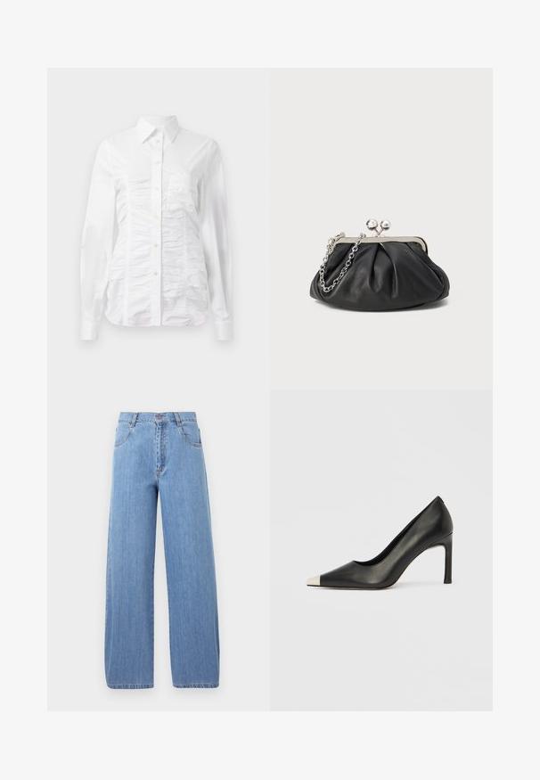 Witte button-up blouse met lange mouwen, voorzien van een gerimpelde textuur aan de voorkant, kleine gouden knopen en een standaard kraag.; Lichtblauwe wijde jeans van denim, met een hoge taille, steekzakken en subtiele stiksels op de naden.; Zwarte leren hoge hak met een spits toelopende neus en een metalen zilverkleurige kap. Heeft een gladde afwerking en een slanke hak van 10 cm.; Zwarte leren clutch met geplooide textuur, zilverkleurig metalen frame, drukknopsluiting en kettingriem. Glad, zacht oppervlak.