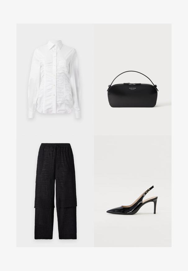Hvid skjorte med lange ærmer, der har en rynket tekstur på fronten, små gyldne knapper og en klassisk krave.; Henrik Vibskov SHANTS PANTS - Bukser - black; Sort patenteret læder slingback stiletto med spids tå, slank hæl og et subtilt udskæringsdesign. Har en gylden spænde på remmen.; Sort læderhåndledstaske med sølv lynlås og kort hank, prægede Emporio Armani Milano 1981-logo foran.