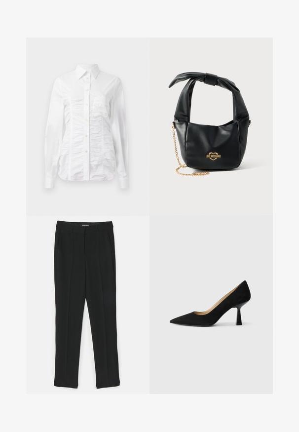 Chemise blanche à manches longues avec un texture froncée sur le devant, petits boutons dorés et col standard.; Pantalon noir au design droit, avec plis, poches latérales et texture lisse. Fabriqué en tissu léger.; Pompe à talons hauts en suède noir avec un bout pointu, dotée d'un talon bloc noir brillant et d'une doublure intérieure lisse.; Sac à main Love Moschino en cuir noir souple avec poignée nouée et bandoulière chaîne dorée sur fond blanc.
