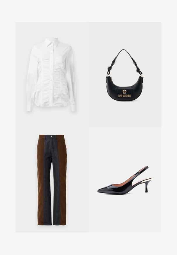 Witte button-up blouse met lange mouwen, voorzien van een gerimpelde textuur aan de voorkant, kleine gouden knopen en een standaard kraag.; Deze corduroy en denim broeken zijn voorzien van verticale paneelindelingen in donkerbruin en marineblauw, hebben een rechte pasvorm en een standaard vijf-pocketontwerp.; Zwarte lakleren sleehak met spits toelopende neus en een hak van gemiddelde hoogte met een metalen accent vlakbij de hak.; Zwarte halfmaanvormige handtas met een geknoopt handvat en een gouden "Love Moschino" logoplaatje aan de voorkant, met ritssluiting aan de bovenkant.