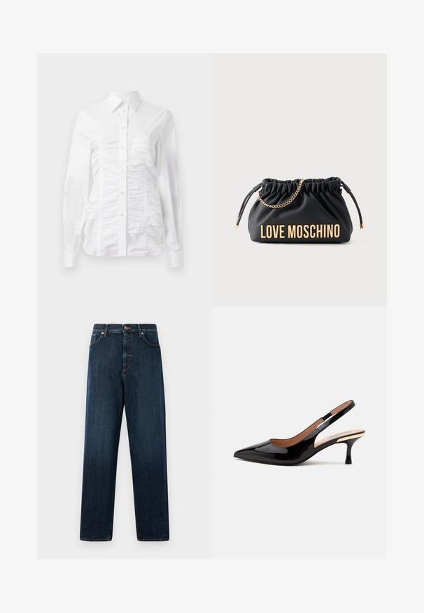 Witte button-up blouse met lange mouwen, voorzien van een gerimpelde textuur aan de voorkant, kleine gouden knopen en een standaard kraag.; Donkerblauwe straight-leg jeans gemaakt van denim, met een klassieke vijf-pocketontwerp, gestikte details en een knoopsluiting bij de taille.; Zwarte lakleren slingback pump met puntige neus en lage kittenheel op een eenvoudige witte achtergrond.; Zwarte lederen handtas met geplooid effect, goudkleurige kettingriem en "LOVE MOSCHINO" opschrift in goud aan de voorkant.