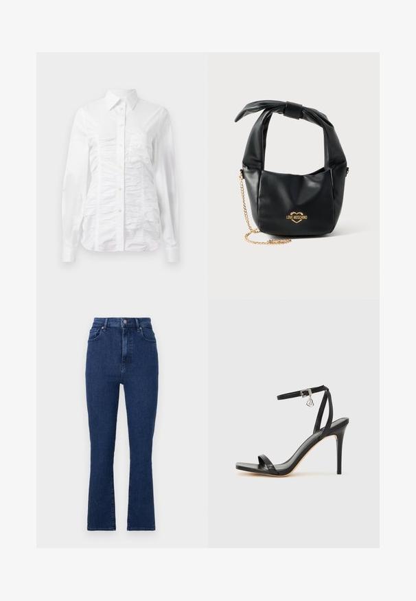 Chemise blanche à manches longues avec un texture froncée sur le devant, petits boutons dorés et col standard.; Jeans taille haute bleu foncé en tissu en denim avec une coupe droite, dotés de poches avant et d'une fermeture à bouton en métal.; Sandale à talon haut noire avec une bride étroite à la cheville, bout carré, cuir lisse et accent de boucle métallique.; Sac à main Love Moschino en cuir noir souple avec poignée nouée et bandoulière chaîne dorée sur fond blanc.