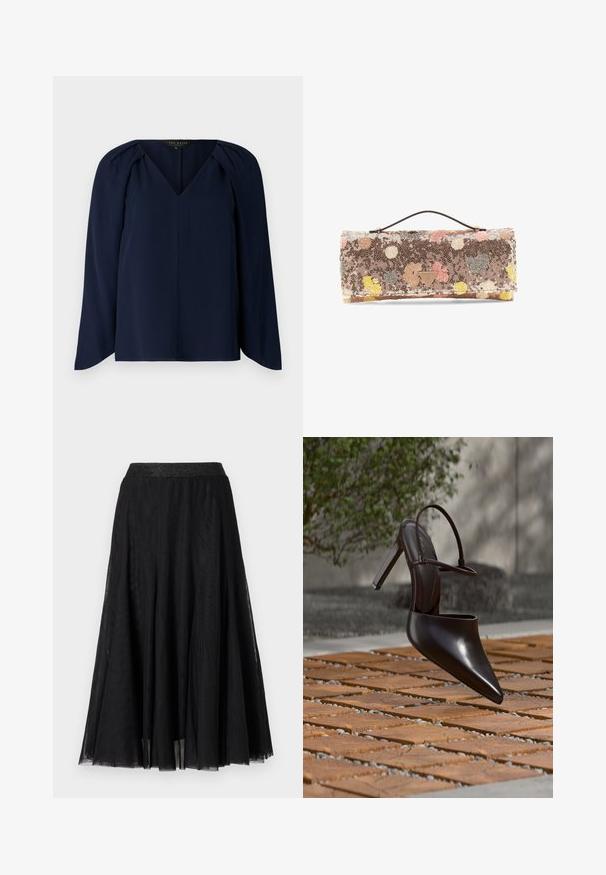 Mørkeblå bluse med lange ærmer og V-hals, der har subtile plisseringer ved skuldrene og en glat, blød tekstur. Enkel, elegant design.; Sort maxi-skirt med et struktureret, flydende design. Har en bred, glitrende talje og et lagdelt, gennemsigtigt stof for en yndefuld fremtoning.; Blank højhælet mule med spids tå og ankelrem, svævende over en terracottaflisebelagt overflade med grusfyldte mellemrum.; Rektangulær paliettaske med flerfarvede pletter og et lille top håndtag, med et metal Guess-logo foran i midten.