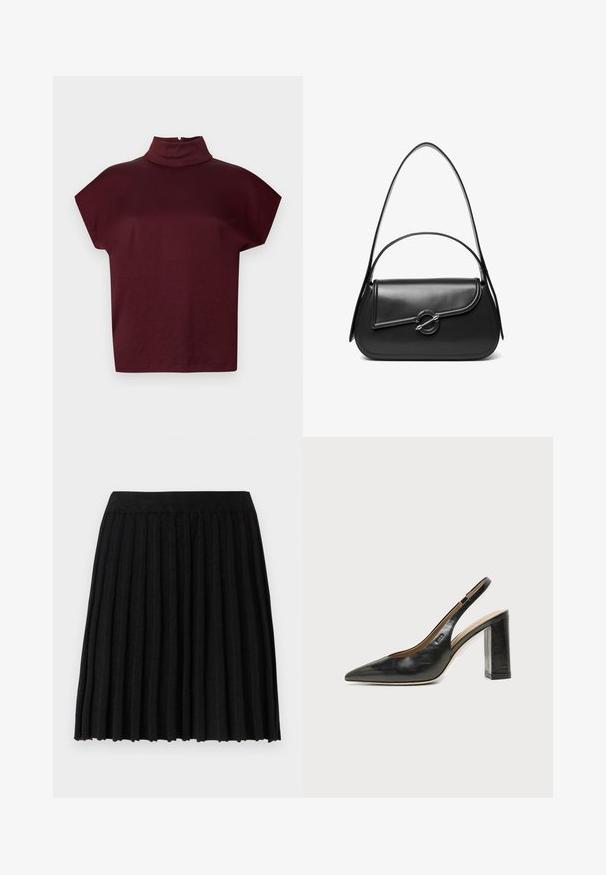 Bordeauxrode top met korte mouwen, een hoge kraag en een ontspannen pasvorm, gemaakt van zachte stof, met een sluiting aan de achterkant en een gladde textuur.; Vero Moda Knitted VMMARINA Short - Minirok - black; Zwarte leren slingback schoen met spits toelopend neusje, hoge blokhak en beige binnenvoering tegen een effen lichte achtergrond.; Zwarte leren schoudertas met een gebogen klep die is bevestigd met een ronde metalen sluiting en een smalle, verstelbare band.