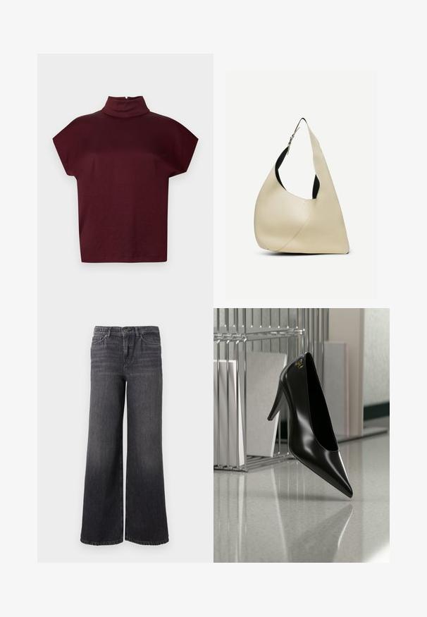 Bordeauxrød t-shirt med korte ærmer, høj krave og afslappet pasform, lavet af blødt stof, med lukning bagpå og glat tekstur.; Bredde ben mørkegrå denimjeans med en subtil falmning, der har knaplukning, fem lommer og en lige kant ved anklen.; Sort højhælet sko med spids tå og guldlogo, placeret på en reflekterende overflade nær en krom trådfilholder med dokumenter.; Skuldertaske i cremelærret glat læder med buet trekantet form og justerbar rem med sølvspænde.