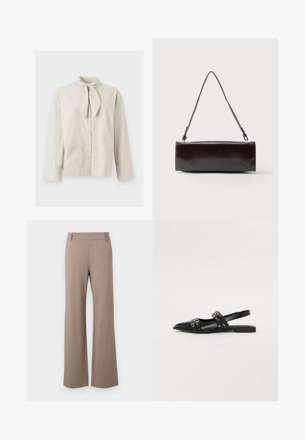 Blouse beige à manches longues avec boutons, détail noué au niveau du col et larges poignets aux manches, présentée sur un fond clair uni.; Pantalons larges marron en tissu doux, avec une texture lisse, une taille plate et sans motifs ni détails matériels visibles.; Even&Odd Ballerines à brides arrière - black; Sac à main rectangulaire en cuir noir avec une longue bandoulière unique et une finition brillante, présenté sur un fond blanc uni.