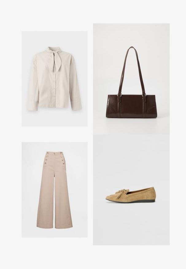 Beige langærmet knapbluse med bundet nakkedetalje og brede manchetter på ærmerne, vist på en ensartet lys baggrund.; Beige bukser med vide ben og høj talje, med store knapdetaljer på forlommerne og et glat, let stof.; Læderflade sko i lys brun med rund tå og dekorative kvastdetaljer. Sålen er i struktureret sort gummi for godt greb.; Brun lakeret håndtaske med rektangulær form, to lange håndtag og subtile buede detaljer på fronten.