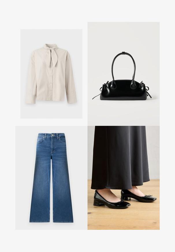 Beige blouse met lange mouwen en knopen, een gestrikte halsdetail en brede manchetten aan de mouwen, afgebeeld op een effen lichte achtergrond.; Blauwe denim jeans met wijde pijpen, voor- en achterzakken, riemlussen en een knoopsluiting.; Zwarte gepatineerde ballerina's met een strikaccent, lage blokhak en ronde neus, gedragen met een lange zwarte rok op een houten vloer.; Kleine zwarte glanzende handtas met twee lange hengsels en zijkant trekkoord details op een effen lichte achtergrond.