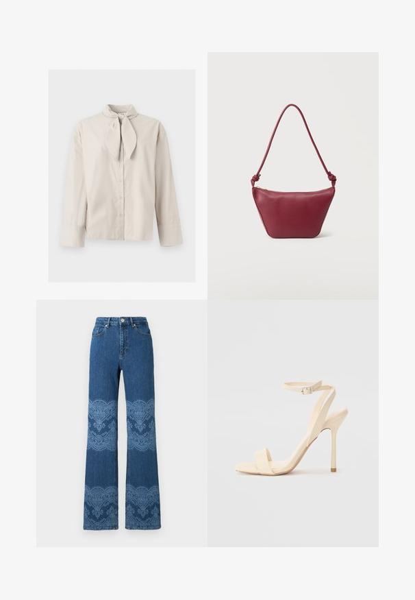 Beige langærmet knapbluse med bundet nakkedetalje og brede manchetter på ærmerne, vist på en ensartet lys baggrund.; Blå jeans med højtaljede, lige ben og lyseblå blomster- og blondeagtige mønstre på lår og lægge, frontknap og lommer.; Beige højhælede sandaler med en slank ankelrem og firkantet tå. Glat syntetisk materiale, minimalistisk design og stiletto-hæl.; Lille skuldertaske i bordeaux læder med knyttet rem og lynlåslukning øverst mod en ensartet lys baggrund.