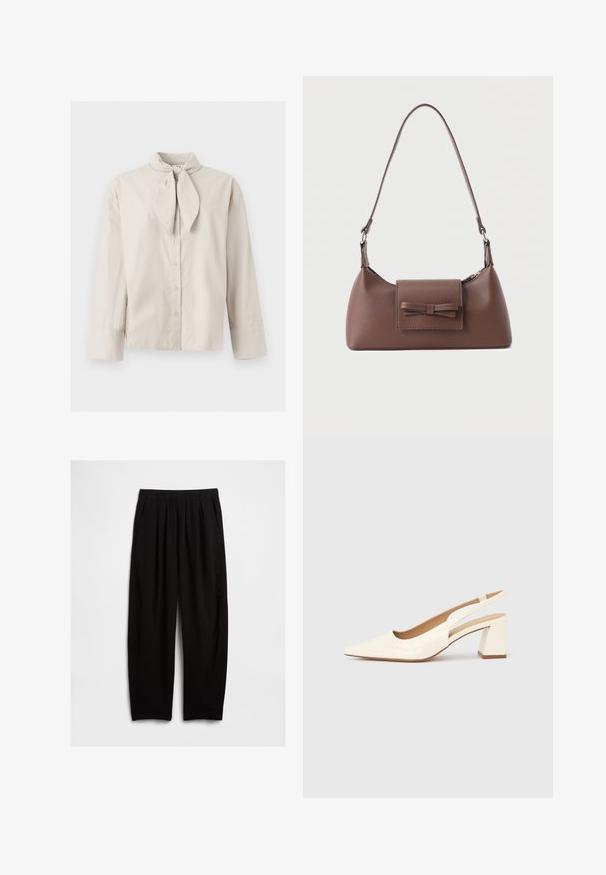 Blouse beige à manches longues avec boutons, détail noué au niveau du col et larges poignets aux manches, présentée sur un fond clair uni.; Pantalon noir à coupe décontractée avec taille élastique et poches latérales, présenté sur un fond blanc uni.; Escarpin slingback en cuir verni crème brillant, avec un bout pointu et un talon carré épais pour la stabilité. Design minimaliste, sans ornements.; Sac à bandoulière en cuir marron avec une poche à rabat avant ornée d'un détail en forme de nœud cousu et une sangle réglable.