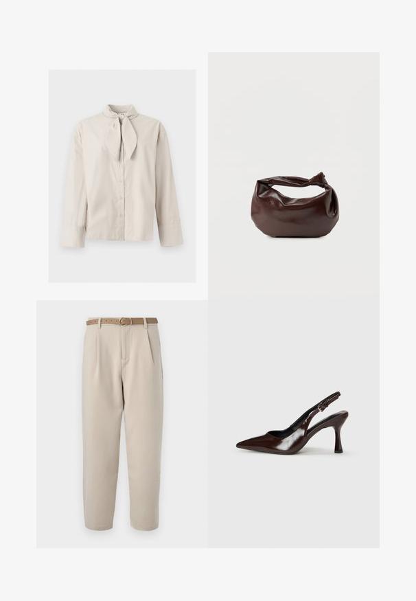 Beige pitkähihaiset napilliset pusero, jossa solmittava kauluksen yksityiskohta ja leveät hihansuut, esitetty yksinkertaisella vaalealla taustalla.; Beige-henkiset housut, joissa on etupleatit, vaaleanruskea vyö ja pyöreä solki. Kangas näyttää sileältä ja siinä on suora lahkeen malli.; Bruna patenttanssikengät, joissa on kärjen muoto, ohut korko ja säädettävä hihna, jossa on pieni solki.; Tummanruskea nahkainen olkalaukku, jossa on pehmeä, rento muoto ja kiertynyt solmukahva valkoisella taustalla.
