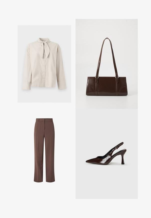 Beige blouse met lange mouwen en knopen, een gestrikte halsdetail en brede manchetten aan de mouwen, afgebeeld op een effen lichte achtergrond.; Bruine hoge taille op maat gemaakte broeken met riemlussen en een rits aan de voorkant, met een rechte pijpfit.; Bruine gepatineerde leren slingback pumps met een spitse neus, een dunne hak en een verstelbaar bandje met een kleine gesp.; Bruine lakleren handtas met een rechthoekige vorm, twee lange handvatten en subtiele gebogen accenten aan de voorkant.