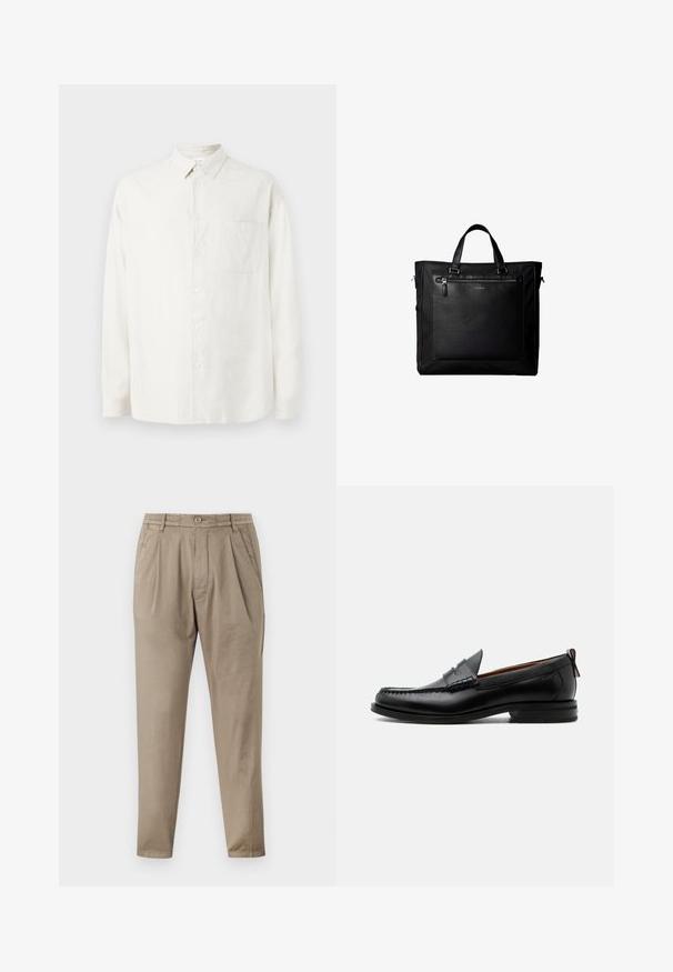 Chemise blanche à manches longues avec col, poche poitrine unique et un motif texturé subtil sur le tissu.; Pantalons beige en tissu doux, dotés d'une coupe décontractée, d'un devant plissé, d'une taille élastique et de jambes fuselées.; Mocassin homme en cuir noir avec couture moc toe, bride penny, col texturé et petit talon empilé sur fond blanc.; Sac cabas noir avec doubles poignées, grande poche avant en cuir avec fermeture éclair et logo discret Calvin Klein au centre de la poche.