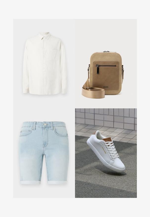 Weißes Langarm-Hemd mit Knopfleiste und Kragen, einer einzelnen Brusttasche und einem dezenten strukturierten Muster auf dem Stoff.; Hellblaue Jeansshorts mit umgeschlagenem Saum, klassischem Fünf-Taschen-Design und vorderem Knopfverschluss. Glatte Textur mit leichter Ausbleichung.; Weiße Ledersneaker mit glatter Textur, tanfarbener Akzent an der Ferse, goldenes Logo an der Seite und Gummisohle mit strukturiertem Griff.; Kleine beige Umhängetasche mit vorderer Reißverschlusstasche, metallischem ALDO-Logo, verstellbarem breitem Riemen und abgerundeter rechteckiger Form vor weißem Hintergrund.