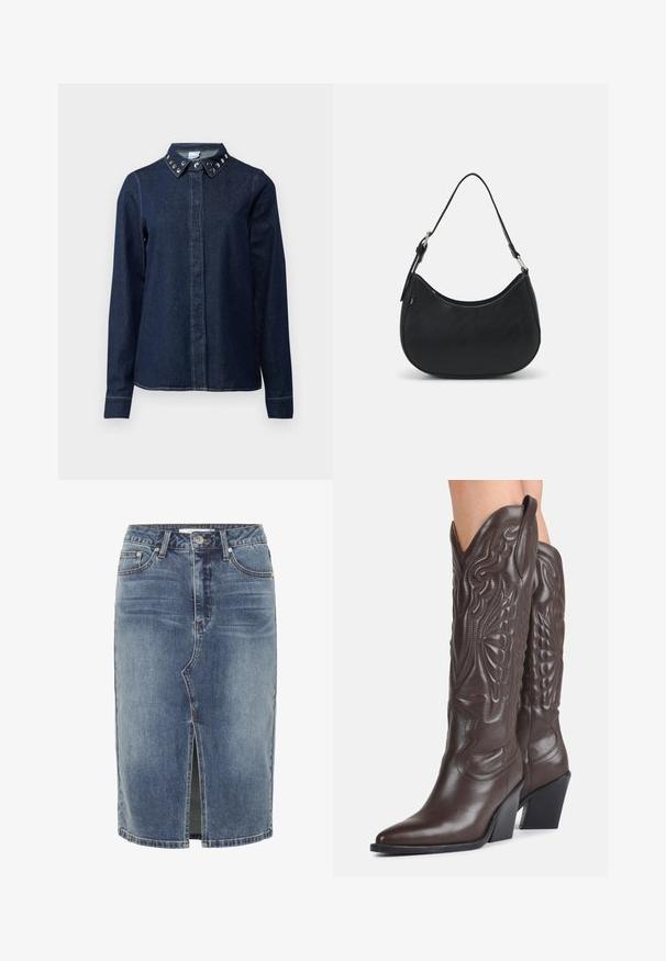 Mørk denimskjorte med knaplukning foran, lange ærmer og krave med dekorative metalnitter. Glat tekstur, klassisk snit.; Blå denim nederdel i knælængde med central slids foran, fem-lomme design og knaplukning i taljen.; Mørkebrune læder cowboystøvler til knæene med spidse tæer, dekorativ syning og skrå blokhæle, båret af en person.; Sort hobo taske lavet af glat læder med en buet silhuet, der har en enkelt justerbar skulderrem og minimalistiske designdetaljer.
