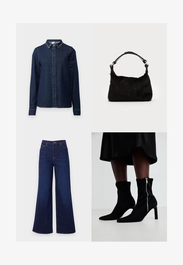 Chemise en denim foncé avec un devant à boutons, des manches longues et un col orné de clous en métal décoratifs. Texture lisse, coupe classique.; Jean large en denim bleu foncé, avec une taille haute, un design à cinq poches et des coutures orange contrastantes le long des coutures.; Bottines noires avec un corps en tissu extensible, un bout pointu et une fermeture éclair sur le côté, montées sur un talon slim et haut.; Sac à main en fausse fourrure noire avec une texture douce, une forme arrondie et une bandoulière en cuir noir robuste. Accent en métal argenté visible.