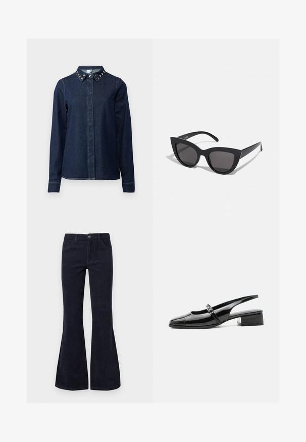 Tumman denim-paita, jossa on napitus edessä, pitkät hihat ja kaulus, jossa on koristeellisia metallinastoja. Sileä tekstuuri, klassinen leikkaus.; Lepakšīju tumši zili svērti bikses ar augstu vidukli, piecām kabatām un pogu aizdari, ar mīkstu tekstūru un ribotu virsmas rakstu.; Musta patenttinahkainen slingback-kengä matalalla massiivisella korolla ja ohuella hihnalla, jossa hopeinen solki päällä.; Mustat kissansilmäaurinkolasit, joissa on matta pinta, harmaansiniset linssit, terävät kulmat ja tyylikkäät sivuvarret. Brändin nimi näkyy sisävarsissa.
