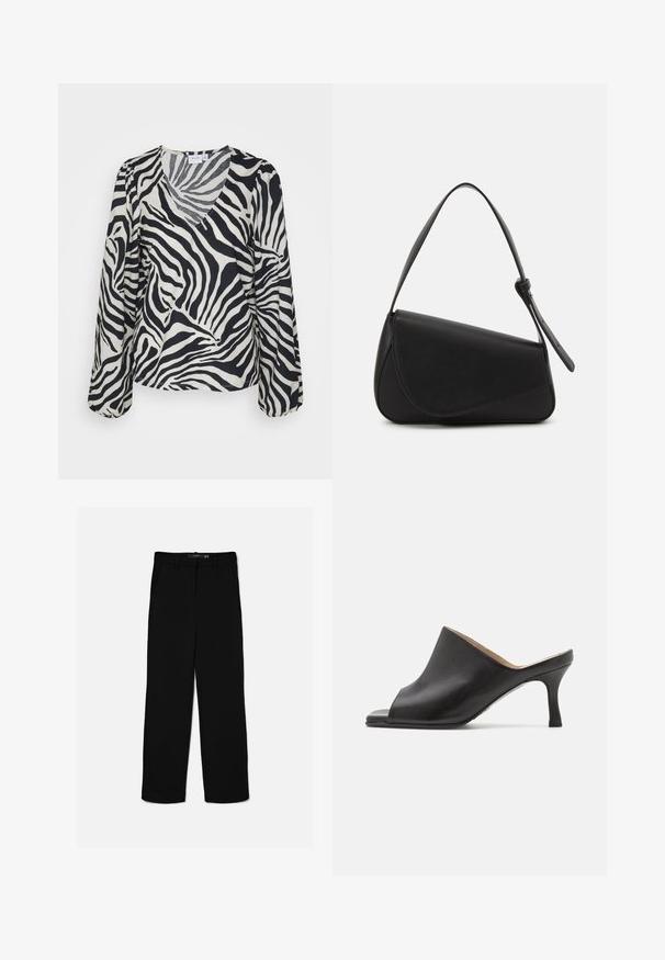 Blusa de manga larga con estampado de cebra en blanco y negro, con escote en V y mangas ligeramente abullonadas; la tela parece ligera y suave.; Pantalones negros de corte recto con trabillas, cremallera frontal y bolsillos laterales, colocados planos sobre un fondo claro.; Selected ASHLEY - Mules de tacón - black; Bolso de mano de cuero negro con forma triangular, tapa en ángulo y un asa superior redondeada. Presenta una textura suave y detalles de diseño minimalistas.