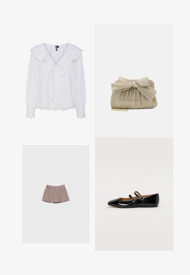 Blouse blanche avec un col volanté, des manches froncées et un détail à nouer au cou. Présente des accents brodés le long de l'ourlet et des poignets.; Jupe froncée à taille élastique à carreaux rouges et blancs avec une silhouette courte et évasée sur un fond uni gris clair.; Ballerine plate en cuir verni noir avec un bout pointu, deux brides ajustables avec boucles, et une semelle plate. Texture lisse avec une finition brillante.; Loeffler Randall PLEATED FRAME WITH BOW - Pochette - platinum