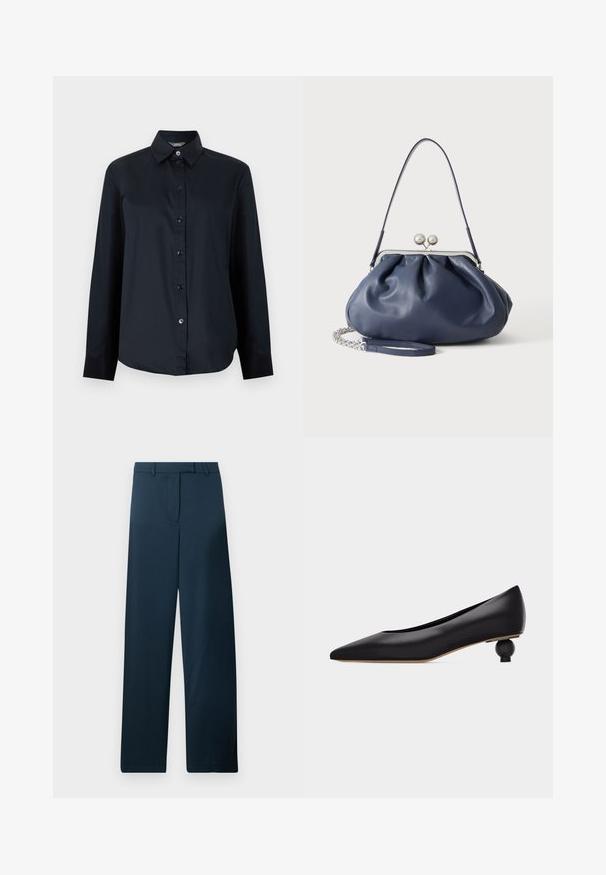 Camisa negra de manga larga con botones y cuello puntiagudo, con un dobladillo ligeramente curvado, presentada sobre un fondo liso de color gris claro.; Pantalones de pierna ancha en azul marino con una textura suave, frente plano y trabillas para cinturón. Presentan un diseño minimalista y sin patrones o acentos visibles.; Zapato negro de tacón bajo con punta puntiaguda, tacón redondo esculpido único y parte superior de cuero liso, mostrado de lado sobre un fondo blanco.; Bolso de mano de cuero azul marino suave con cierre de broche plateado, una correa de hombro y correa de cadena desmontable para la muñeca sobre fondo blanco.