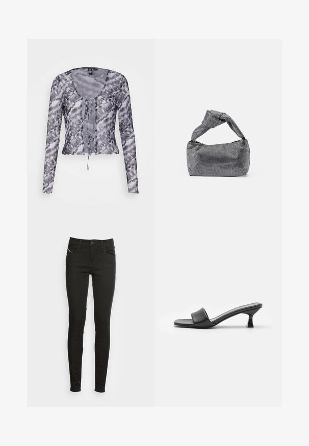 Pieces PCKAIA TIE - Blusa - bright white/black magnet; Jeans ajustados negros con bolsillos frontales, pasadores para cinturón, cierre de botón y cremallera, mostrados sobre un fondo blanco.; Mules negros con tacón, de parte superior de cuero mate y suave, puntera abierta, banda ancha en el empeine y tacón cuadrado y delgado.; Bolso de mano negro y plateado con una superficie texturizada que presenta un patrón de diamante, un asa anudada y una forma estructurada.