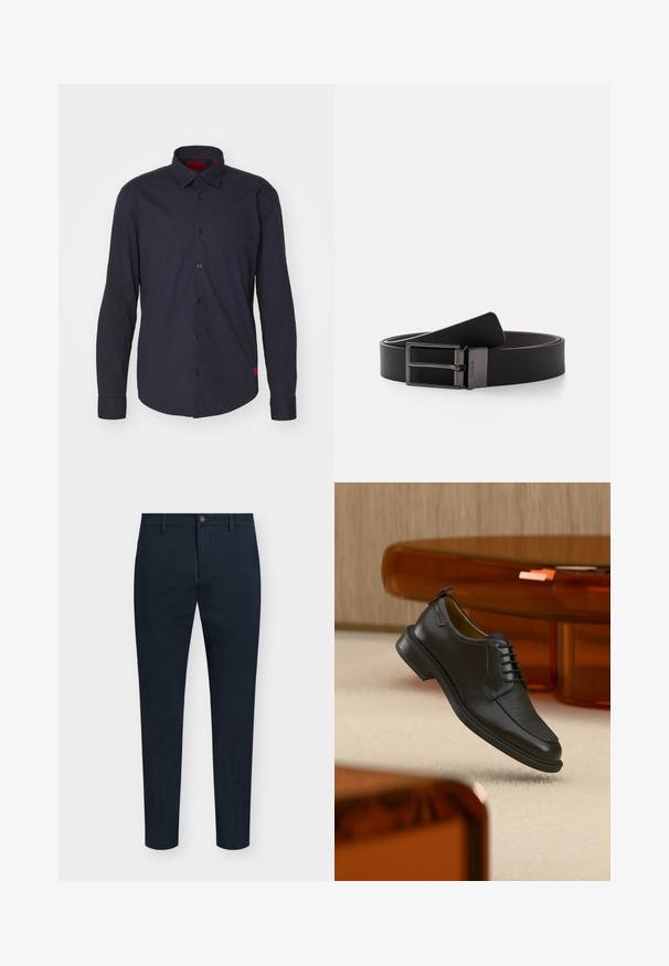 HUGO ERMO - Camisa elegante - dark blue; Pantalones de hombre azul marino de corte slim con cierre frontal de botón y cremallera, trabillas para cinturón y diseño minimalista.; Zapato de vestir negro de piel con cordones y parte delantera texturizada, flotando sobre una alfombra beige en una habitación moderna con muebles de tono ámbar.; Cinturón de cuero negro con un acabado liso, que cuenta con una hebilla metálica plateada y doble lengüeta, diseñado para una apariencia elegante y minimalista.