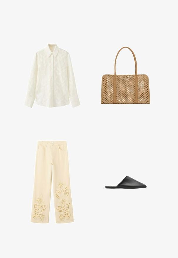Chemise blanche à manches longues boutonnée avec col pointu, présentant un motif discret de feuilles dans le tissu.; Pantalon large crème avec broderie florale ajourée sur le bas des jambes et les poches avant.; Chaussure en cuir noir à enfiler, avec un bout pointu et une texture lisse, présentant un design minimaliste et une semelle plate.; Sac à main tissé rectangulaire couleur fauve avec deux longues poignées lisses et un motif en treillis ouvert sur l'ensemble du corps du sac.