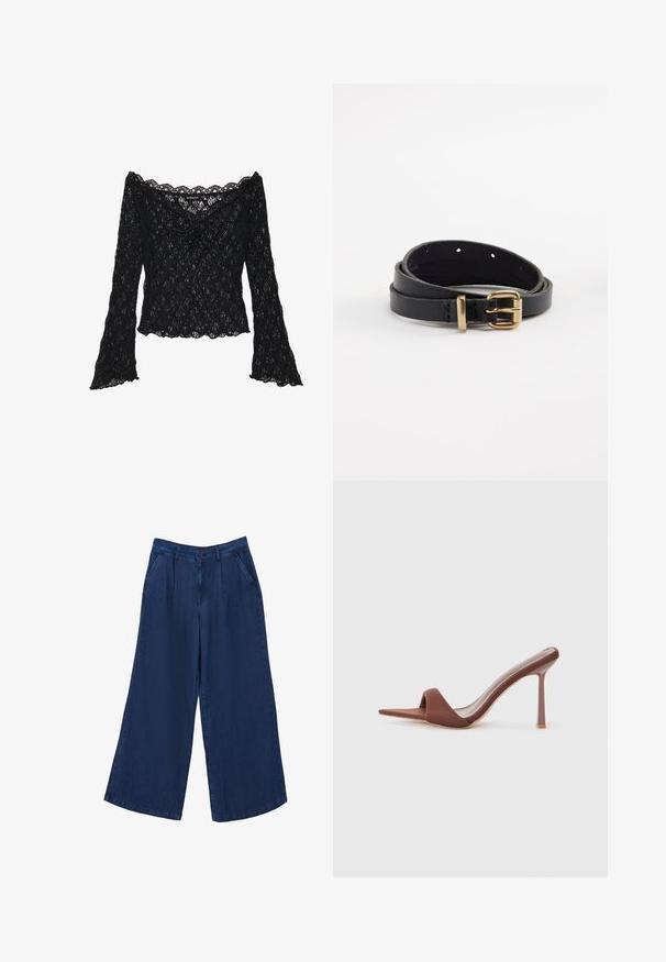 Top de encaje negro con escote off-the-shoulder, mangas largas de campana y bordes ondulados. Patrón floral texturizado en toda la prenda.; Pantalones vaqueros de pierna ancha en azul oscuro. Presentan dos bolsillos frontales, un cierre de botón y una textura suave con una tela ligera.; Sandalias de tacón marrones con punta afilada, hechas de una tela suave. Presentan un diseño minimalista con un alto tacón de aguja y parte trasera abierta.; Cinturón de cuero negro de textura suave, con hebilla metálica en tono dorado y agujeros ajustables para el tamaño.