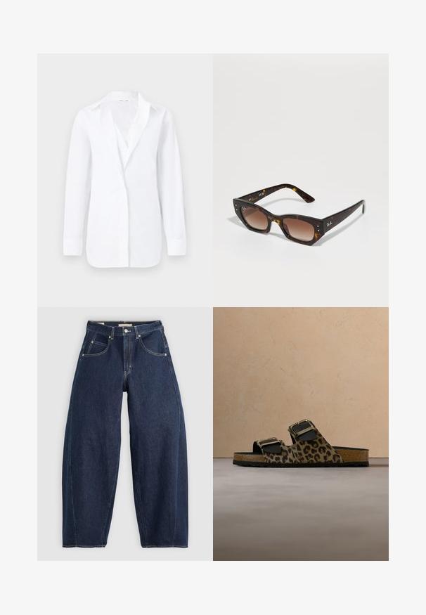 Weißes langärmliges Hemd mit Knöpfen und Kragen, flach auf einem hellen Hintergrund präsentiert, zeigt eine schlanke Passform und glattes Gewebe.; Dunkelblaue Denim-Jeans mit lockerer Passform, heller Naht, fünf Taschen und einem Knopfverschluss am Bund.; Sandalen mit Leopardenmuster, zwei schwarzen Riemen und goldenen Schnallen, mit Korksohle und schwarzer, strukturierter Gummisohle.; Schildpatt-Sonnenbrille im Cat-Eye-Design, braune Verlaufslinsen und silberne Hardware-Akzente am Rahmen. Glänzendes Plastikmaterial.