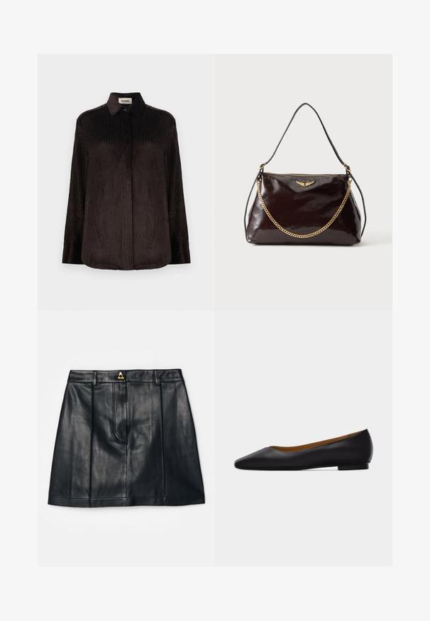 Donkerbruine corduroy overhemd met lange mouwen, een kraag, knoopmanchetten en verborgen knopen aan de voorkant, weergegeven op een witte achtergrond.; AERON RUDENS SKIRT - A-lijn rok - black; Zwarte leren puntschoen met lage hak en gladde afwerking, zijaanzicht op een lichtgrijze achtergrond.; Donkerbruine glanzende leren handtas met een gouden vleugelembleem, gouden kettinkdetail en een dunne leren schouderriem op een effen achtergrond.