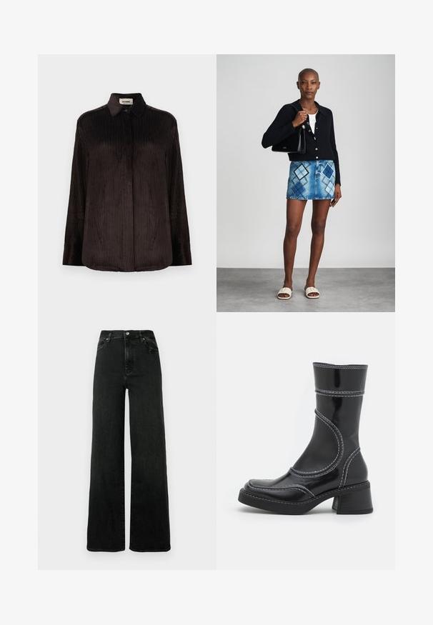 Chemise à manches longues en velours côtelé marron foncé avec col, poignets boutonnés et boutons dissimulés à l'avant, présentée sur fond blanc.; Jean noir à jambes larges en denim. Taille haute avec fermeture à bouton et design à cinq poches. Texture lisse avec une décoloration minimale.; Bottine en cuir verni noir avec des coutures blanches, bout arrondi et talon carré. Présente des lignes de design courbées et une texture lisse.; Un cardigan en maille noir, un haut blanc, une jupe en denim avec un motif de diamants bleus et noirs, un sac à main noir et des sandales à enfiler beiges.