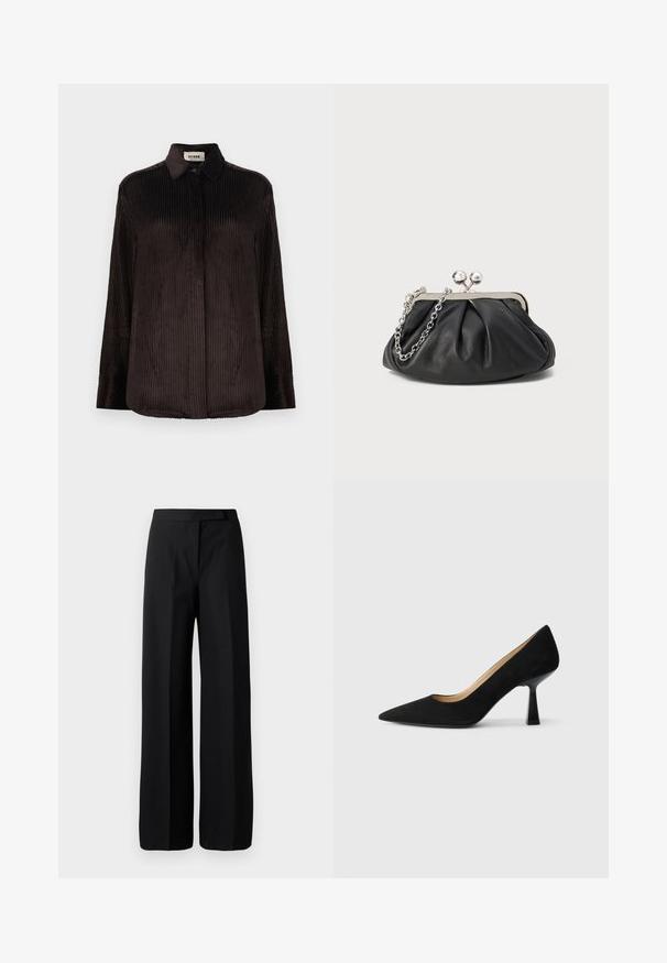 Camisa de manga larga de pana marrón oscuro con collar, puños abotonados y botones frontales ocultos, presentada sobre un fondo blanco.; Pantalones negros de pierna ancha con una textura suave y mate. Cintura plana sin herrajes visibles ni patrones. Diseño simple y elegante.; Zapato de tacón alto de ante negro con punta afilada, que cuenta con un tacón de bloque negro brillante y un forro interior suave.; Clutch de cuero negro con textura arrugada, marco de metal en tono plateado, cierre de beso y cadena para colgar. Superficie suave y lisa.
