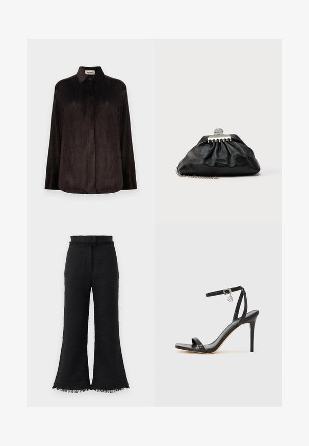 Camisa de manga larga de pana marrón oscuro con collar, puños abotonados y botones frontales ocultos, presentada sobre un fondo blanco.; Pantalones de pierna ancha negros con tela texturizada, dobladillo deshilachado y cinturilla elástica. El diseño presenta un acabado suave y un ajuste relajado.; Sandalia de tacón alto negra con una estrecha correa en el tobillo, punta cuadrada, material de cuero liso y detalle de hebilla metálica.; Bolso de mano de cuero negro con diseño fruncido, cierre de herrajes plateados y correa de cadena. Marca sutil grabada en relieve en la parte delantera.