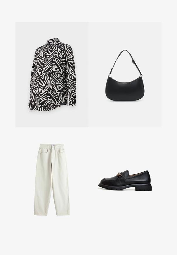 Langærmet sorte og hvide skjorte med knapper, der har et dristigt zebrastribet mønster, glat stof og en klassisk kravedesign.; Cremefarvede jeans med høj talje og lige ben, forlommer, bæltestropper samt lukning med knap og lynlås.; Sort læder loafersko med rund tå, dekorativt guldsmykke og en robust gummisål med et struktureret grebmønster.; Pieces PCALUANA SHOULDER BAG - Håndtasker - black