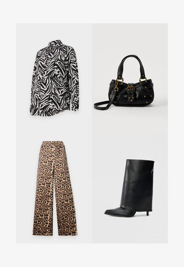 Langærmet sorte og hvide skjorte med knapper, der har et dristigt zebrastribet mønster, glat stof og en klassisk kravedesign.; Bredde bukser med leopardprint i beige og sort, med elastisk talje og en glat overflade.; Sort læderankelstøvle med et struktureret, ombukket design, spids tå og en tynd hæl. Glat tekstur med minimalt detaljer.; Sort læderhåndtaske med guldbælge og nitdetaljer, korte håndtag og en justerbar skulderrem på en ensfarvet hvid baggrund.