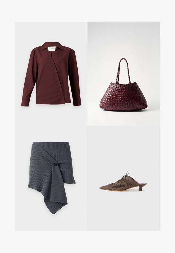 CLOSED ASYMMETRIC SHIRT - Skjortebluser - dark raisin red; Mørkegrå ribbet omslagsskjørt med et snoet design og en rund sort knapaccent. Fremstillet af et struktureret, strækbart materiale.; Brun læder mule med spids tå, samlet tekstur, lille hæl og en snorede accent ved åbningen. Glat finish.; DRAGON DIFFUSION SANTA CROCE BIG - Håndtasker - bordo