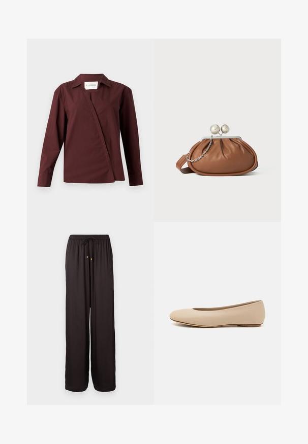 CLOSED ASYMMETRIC SHIRT - Skjortebluser - dark raisin red; Sorte, løstsiddende bukser med elastisk talje og snøre med guldfarvede spidser, fuldlængde og lige ben.; Beige læder balletflade med afrundet tå, minimal sømdetaljering, lav hæl og subtilt logo på bagsiden. Glat, mat tekstur.; Brun læder clutch-pung med sølv kugleklap og en lille sølv kædedetalje på en hvid baggrund.