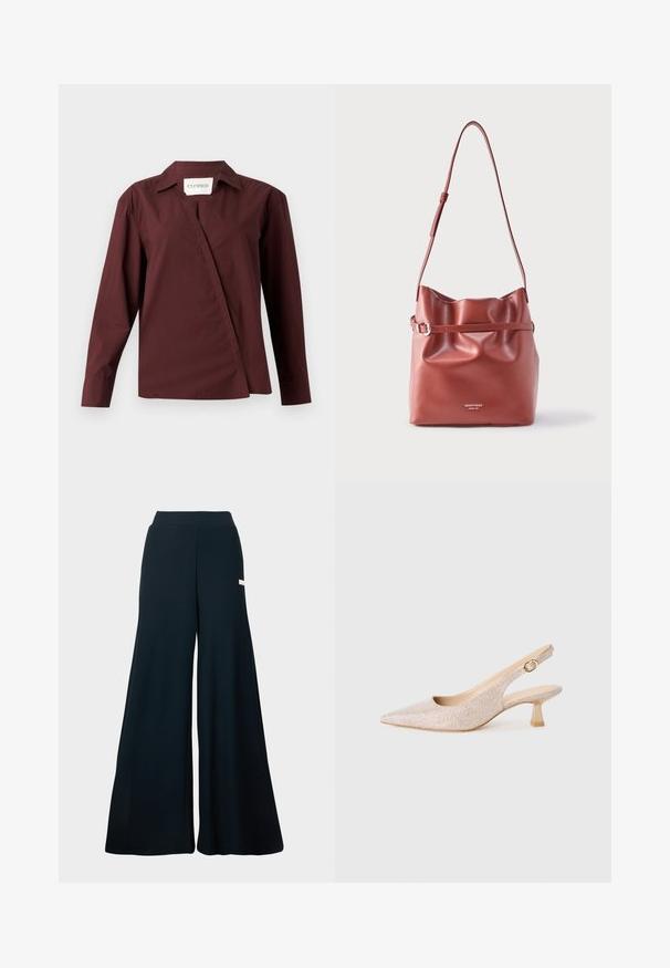 CLOSED ASYMMETRIC SHIRT - Skjortebluser - dark raisin red; Bredde ben-bukser i mørkeblå ribbet stof med høj talje og diskret sidebranding. Glat tekstur og fuld længde.; Beige slingback hæle med spids tå, struktureret stof og en lille blokhæl. Har en guldfarvet detalje på den justerbare rem.; Brun skuldertaske i læder med justerbar rem, samlet top og en smal bælte-detalje tværs over midten, præget med mærkets logo.